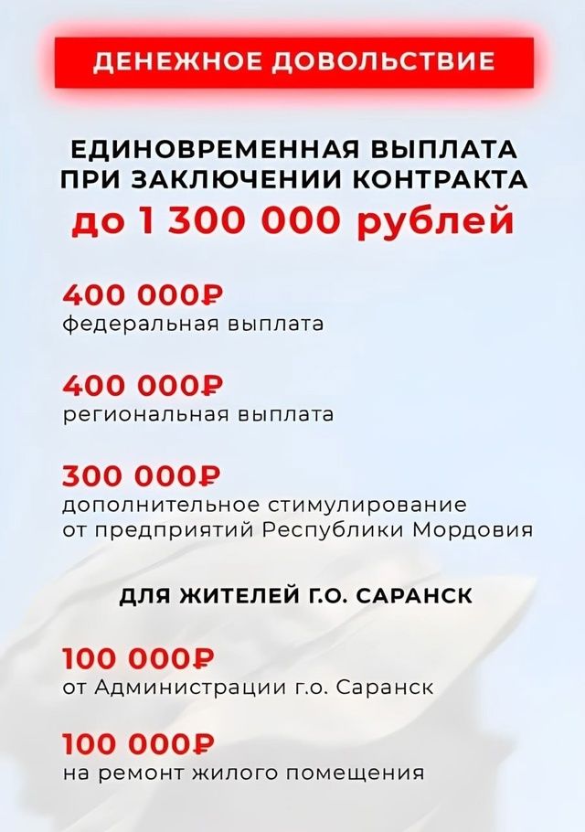 В МОРДОВИИ УСТАНОВИЛИ ЕДИНОВРЕМЕННУЮ ДЕНЕЖНУЮ ВЫПЛАТУ 400 000 РУБЛЕЙ ПРИ ЗАКЛЮЧЕНИИ КОНТРАКТА НА ВОЕННУЮ СЛУЖБУ ДО КОНЦА 2024 ГОДА