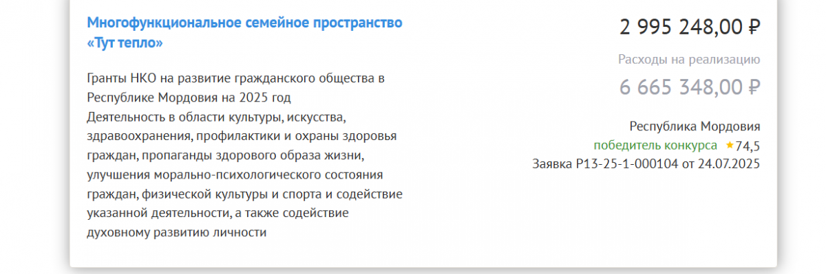 Выиграли Грант в рамках Конкурсного отбора по предоставлению грантов некоммерческим организациям Республики Мордовия