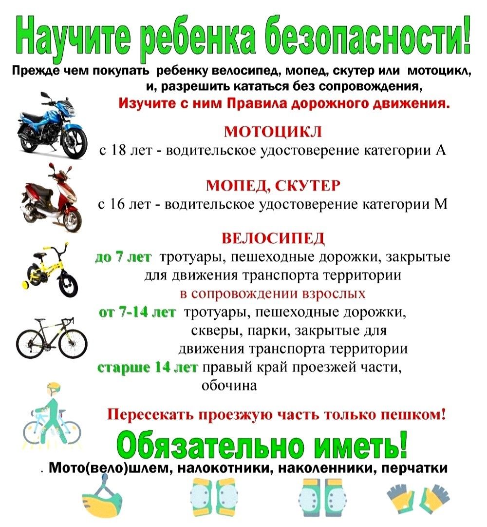 Памятка родителям несовершеннолетних о правилах безопасности при управлении двухколёсными транспортными средствами