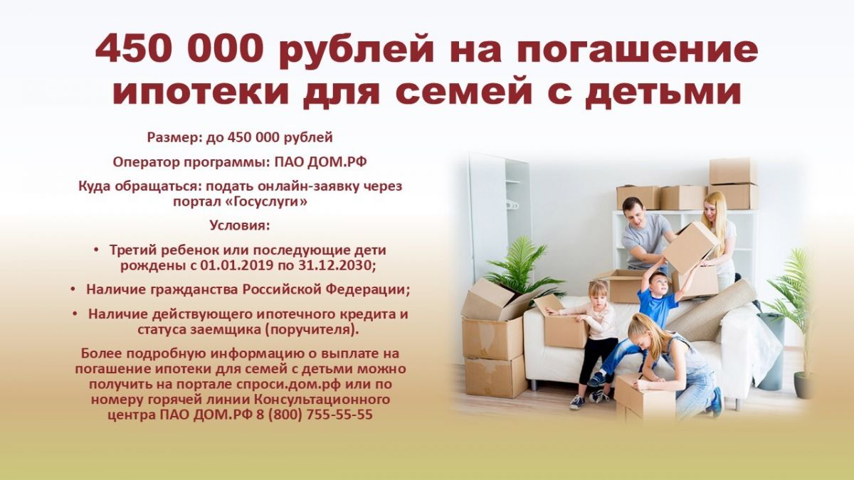 Мера государственной поддержки семей, имеющих детей, в целях создания условий для погашения обязательств по ипотечным жилищным кредитам (займам) 450 000 рублей на погашение ипотеки для семей с детьми