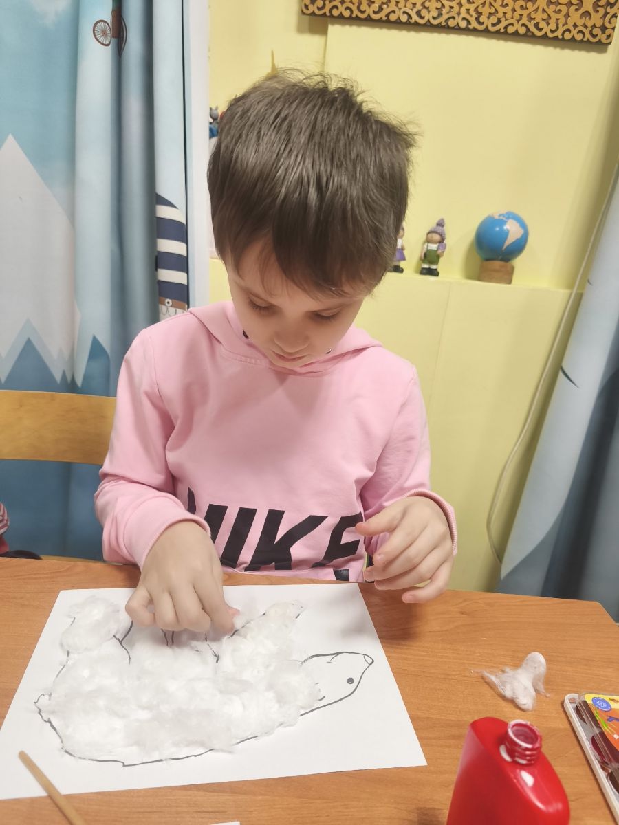 Аппликация из ваты, белый медведь